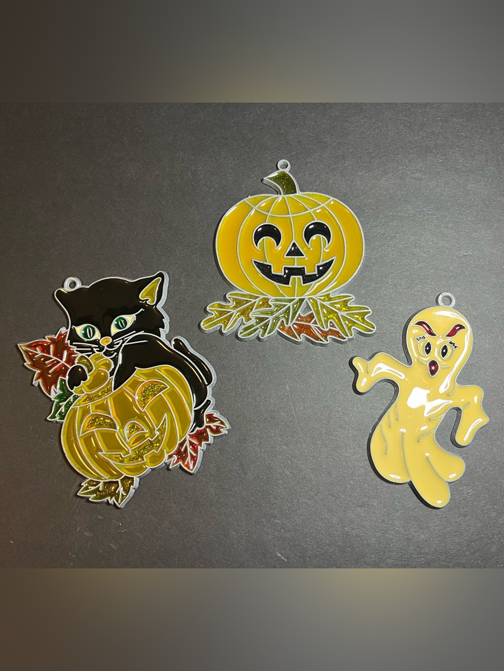 Set of 3 Decorative Halloween Poly Resin Jack O Lantern, Cat & Ghost Suncatchers